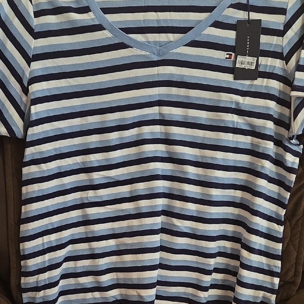 Tommy Hilfiger Womans Navy and White Striped Tee